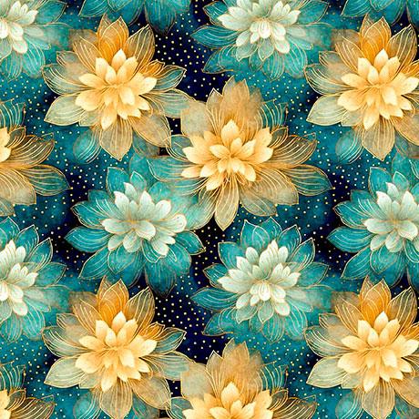Swan_Song-Lotus_Flowers_Dark_Turquoise_2600-31850-Q_Cotton_Fabric